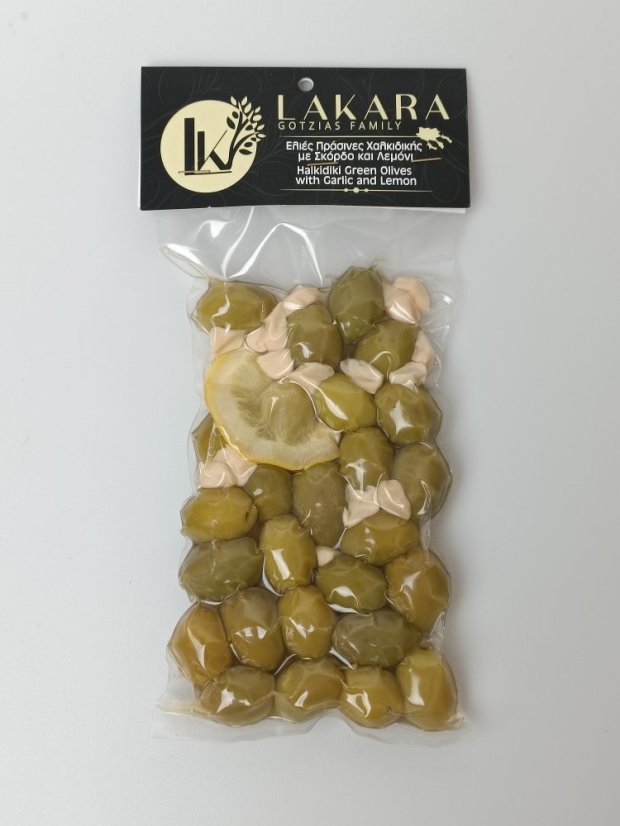 Zelené olivy s citronem a česnekem vakuově balené 250 gr Zelené olivy s citronem a česnekem vakuově balené 250 gr
