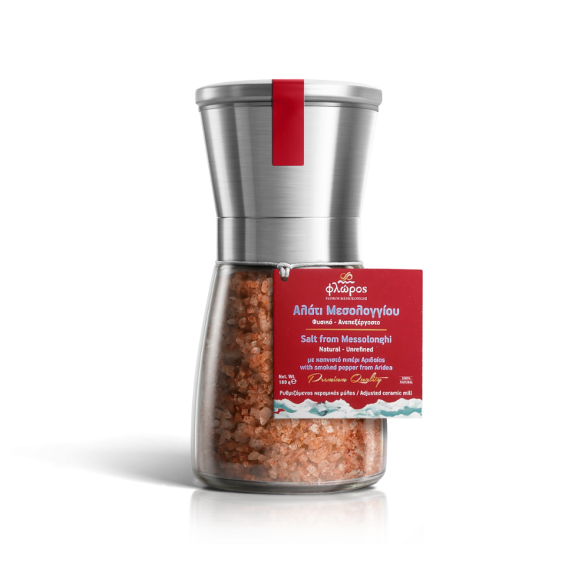 Morská soľ z Messolonghi s údenou paprikou v sklo keramickom mlynčeku 180 gr